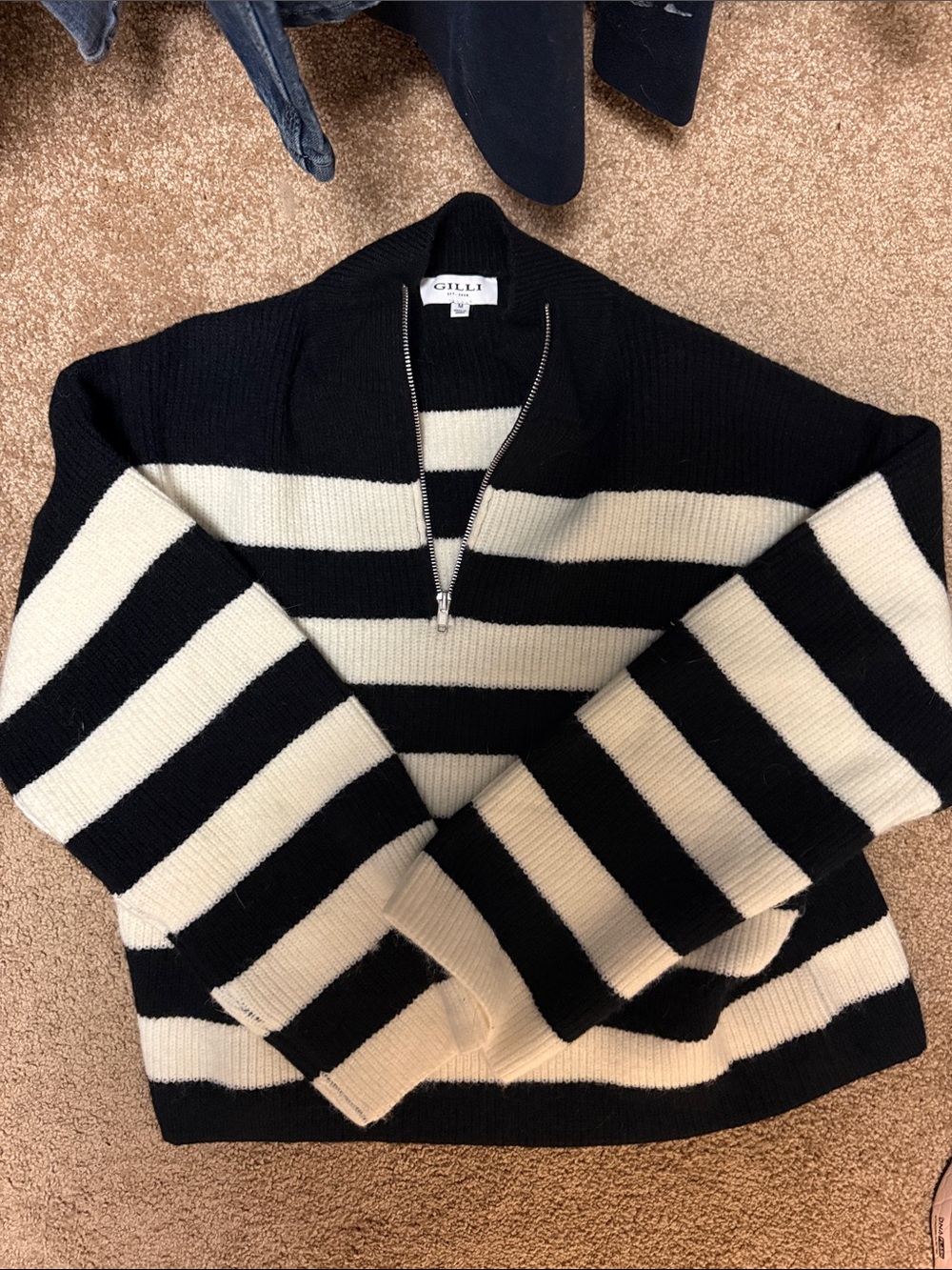Gilli Black and Cream Striped Half-Zip Turtleneck Sweater